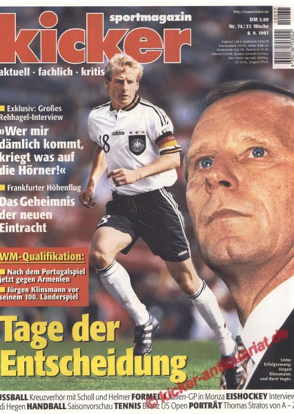 Kicker Sportmagazin Nr. 74, 8.9.1997 bis 14.9.1997