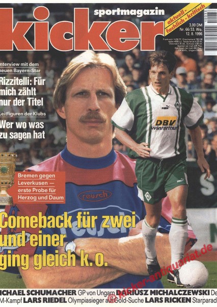 Kicker Sportmagazin Nr. 66, 12.8.1996 bis 18.8.1996