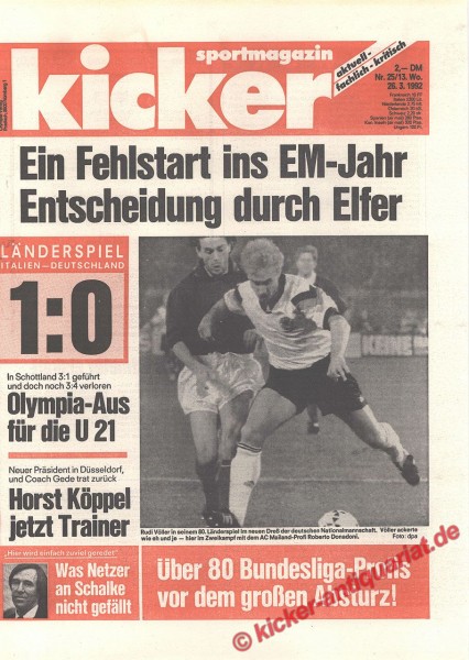 Kicker Sportmagazin Nr. 25, 26.3.1992 bis 1.4.1992