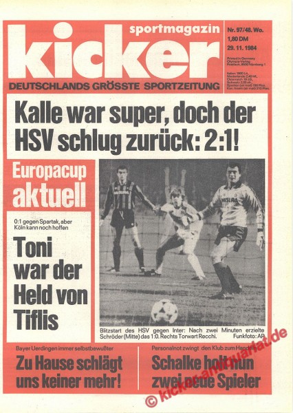 Kicker Sportmagazin Nr. 97, 29.11.1984 bis 5.12.1984