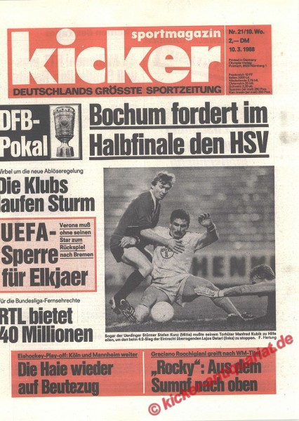 Kicker Sportmagazin Nr. 21, 10.3.1988 bis 16.3.1988