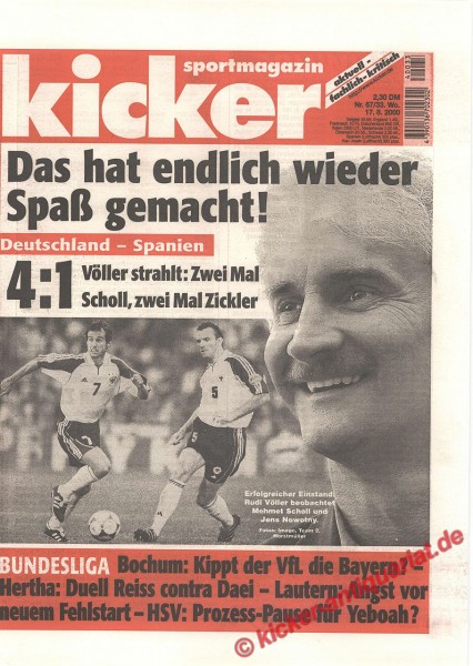 Kicker Sportmagazin Nr. 67, 17.8.2000 bis 23.8.2000