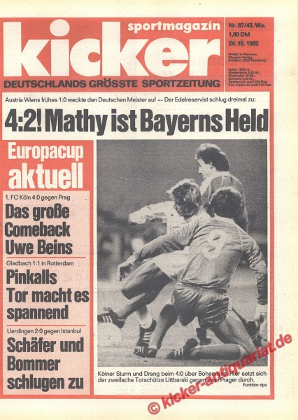 Kicker Sportmagazin Nr. 87, 24.10.1985 bis 30.10.1985