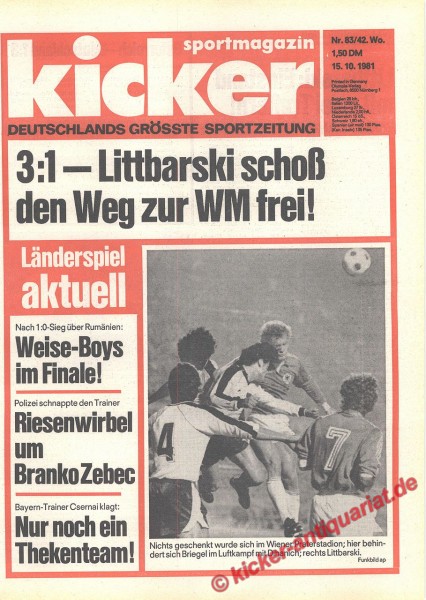 Kicker Sportmagazin Nr. 83, 15.10.1981 bis 21.10.1981