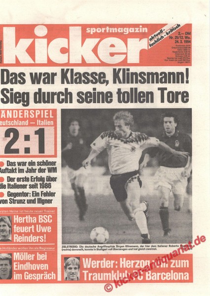 Kicker Sportmagazin Nr. 25, 24.3.1994 bis 30.3.1994