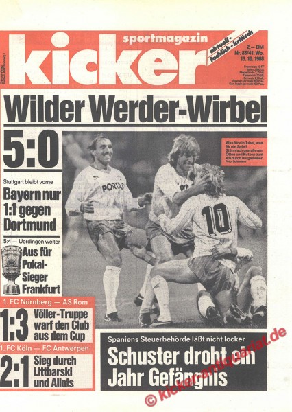 Kicker Sportmagazin Nr. 83, 13.10.1988 bis 19.10.1988