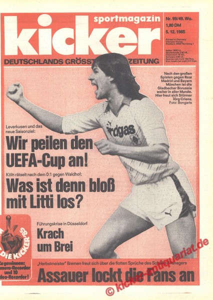 Kicker Sportmagazin Nr. 99, 5.12.1985 bis 11.12.1985