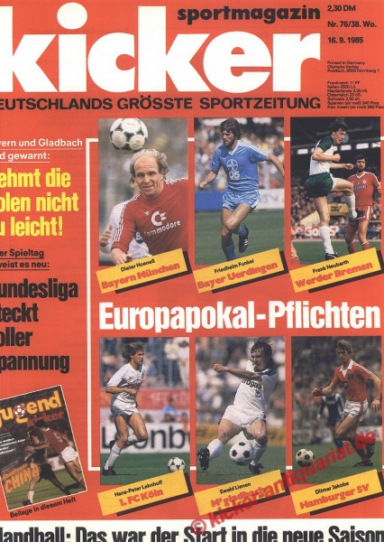 Kicker Sportmagazin Nr. 76, 16.9.1985 bis 22.9.1985