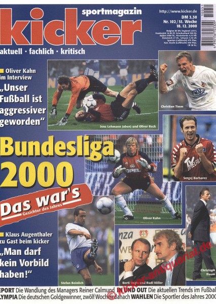 Kicker Sportmagazin Nr. 102, 18.12.2000 bis 24.12.2000