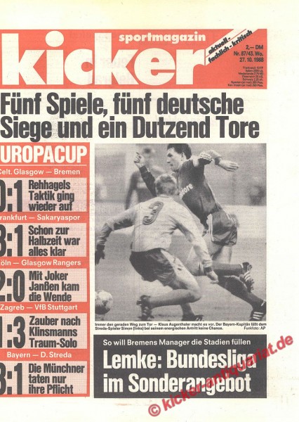 Kicker Sportmagazin Nr. 87, 27.10.1988 bis 2.11.1988