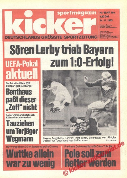 Kicker Sportmagazin Nr. 95, 24.11.1983 bis 30.11.1983