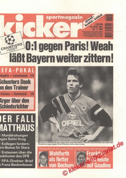 Kicker Sportmagazin Nr. 95, 24.11.1994 bis 30.11.1994