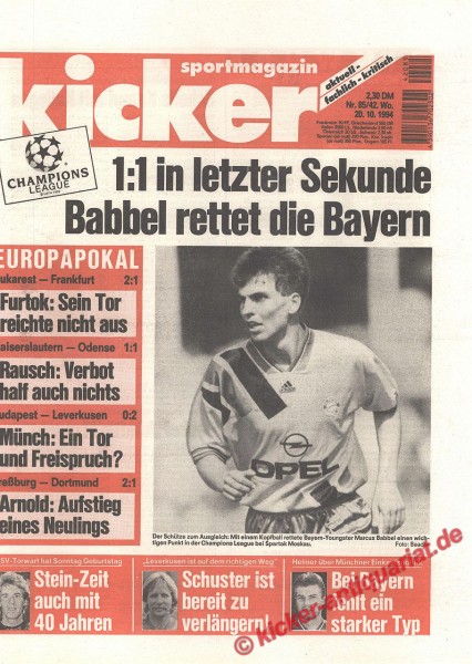 Kicker Sportmagazin Nr. 85, 20.10.1994 bis 26.10.1994