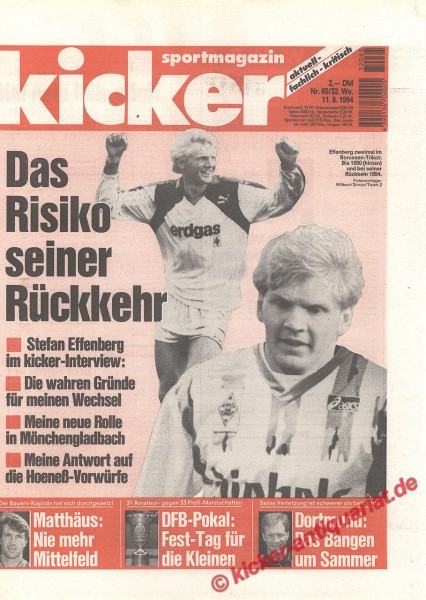 Kicker Sportmagazin Nr. 65, 11.8.1994 bis 17.8.1994