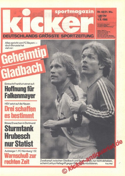 Kicker Sportmagazin Nr. 63, 1.8.1985 bis 7.8.1985