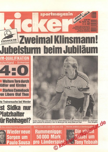 Kicker Sportmagazin Nr. 75, 11.9.1997 bis 17.9.1997