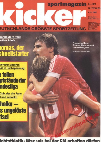 Kicker Sportmagazin Nr. 72, 6.9.1982 bis 12.9.1982