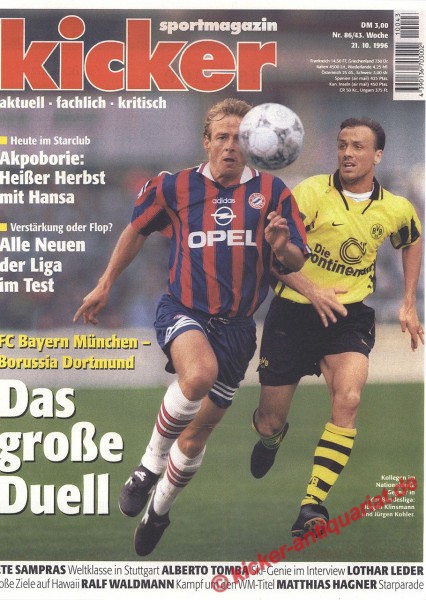 Kicker Sportmagazin Nr. 86, 21.10.1996 bis 27.10.1996