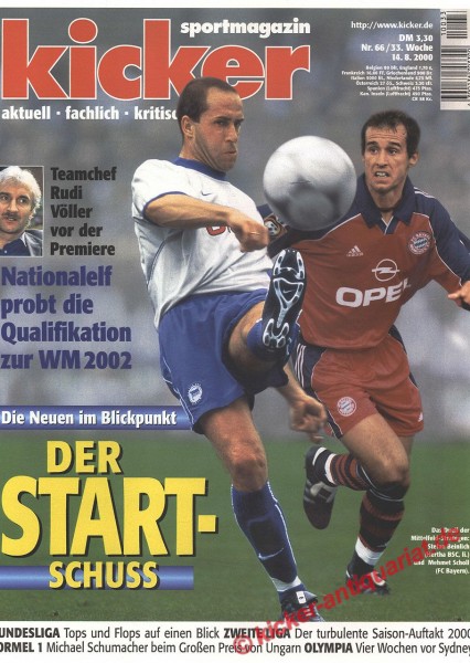 Kicker Sportmagazin Nr. 66, 14.8.2000 bis 20.8.2000