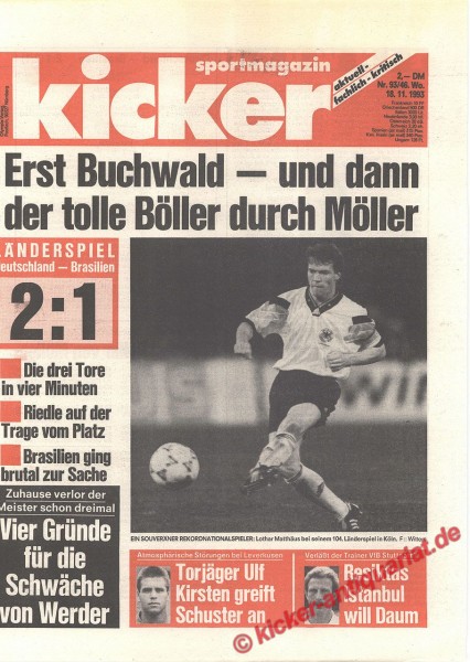 Kicker Sportmagazin Nr. 93, 18.11.1993 bis 24.11.1993