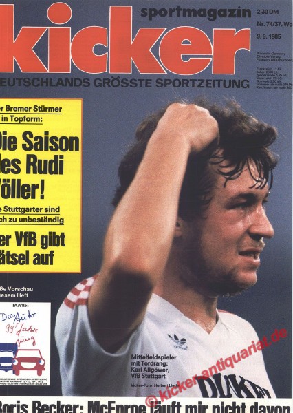 Kicker Sportmagazin Nr. 74, 9.9.1985 bis 15.9.1985