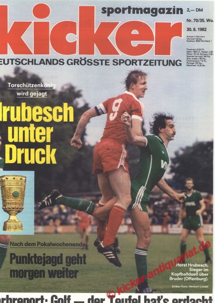 Kicker Sportmagazin Nr. 70, 30.8.1982 bis 5.9.1982