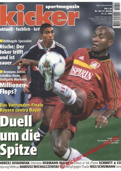 Kicker Sportmagazin Nr. 102, 14.12.1998 bis 20.12.1998